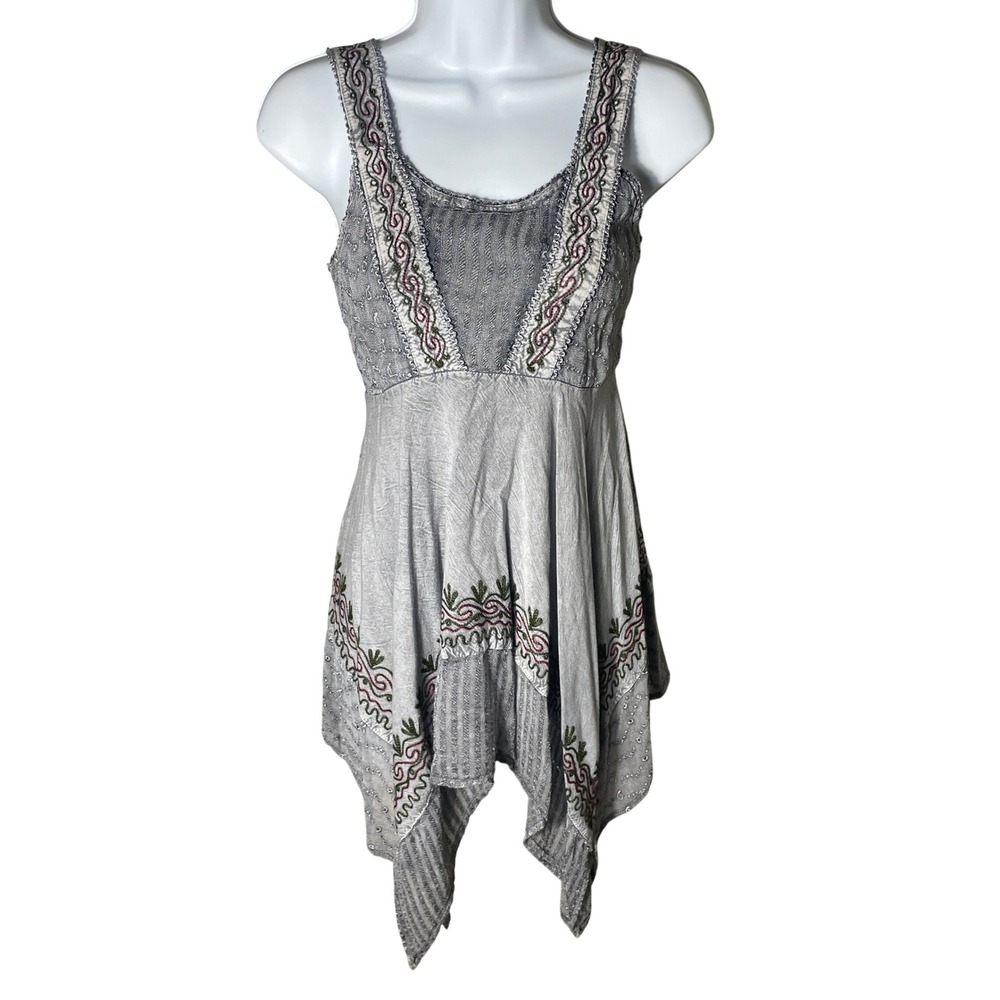 Womens Boho‎ Fairy Embroidered Smocked Sharkbite Hem Top Size S Peasant Hippie